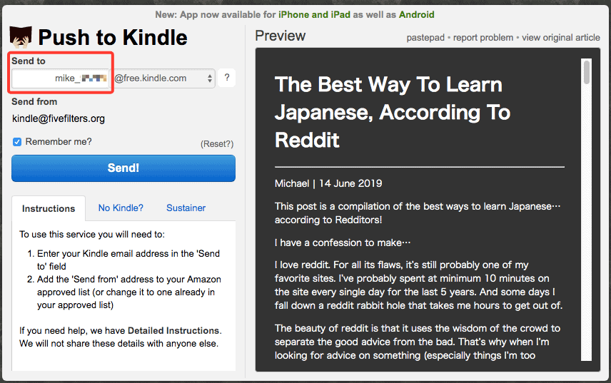 push to Kindle extension